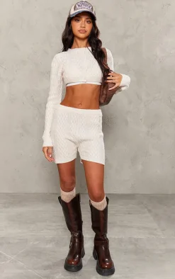Sale PrettyLittleThing Petite Cable Knit Extreme Cropped Cardigan Cream