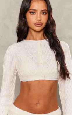 Sale PrettyLittleThing Petite Cable Knit Extreme Cropped Cardigan Cream