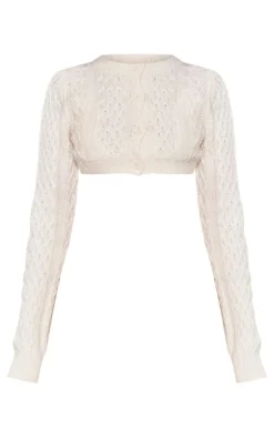 Sale PrettyLittleThing Petite Cable Knit Extreme Cropped Cardigan Cream