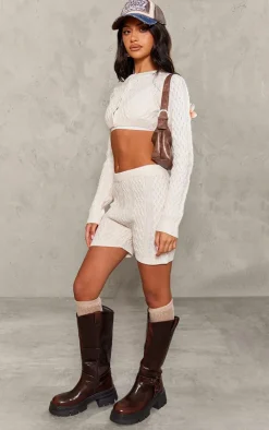 New PrettyLittleThing Petite Cable Knit Shorts Cream