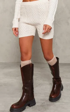 New PrettyLittleThing Petite Cable Knit Shorts Cream