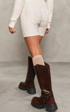 New PrettyLittleThing Petite Cable Knit Shorts Cream