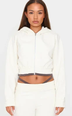 New PrettyLittleThing Petite Contrast Detail Cropped Zip Up Hoodie Cream