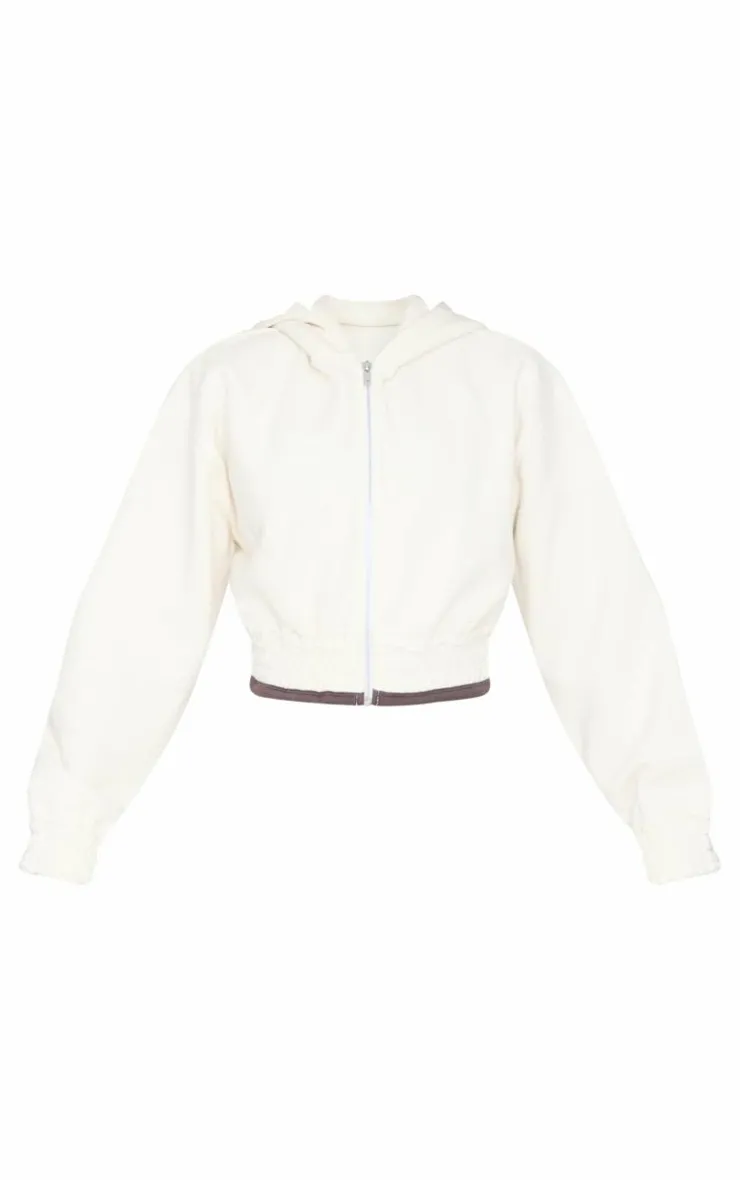 New PrettyLittleThing Petite Contrast Detail Cropped Zip Up Hoodie Cream