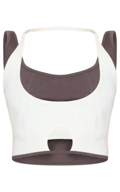New PrettyLittleThing Petite Contrast Detail Crop Top Cream