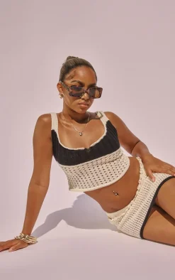PrettyLittleThing Petite Crochet Knitted Crop Top Cream