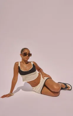 PrettyLittleThing Petite Crochet Knitted Crop Top Cream