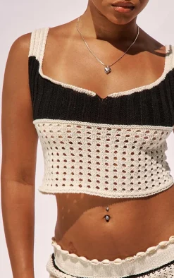 PrettyLittleThing Petite Crochet Knitted Crop Top Cream