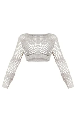 PrettyLittleThing Petite Crochet Long Sleeve Crop Top Cream