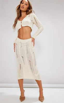 Sale PrettyLittleThing Petite Distressed Cable Knit Midaxi Skirt Cream