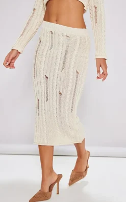 Sale PrettyLittleThing Petite Distressed Cable Knit Midaxi Skirt Cream