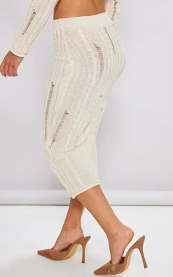Sale PrettyLittleThing Petite Distressed Cable Knit Midaxi Skirt Cream