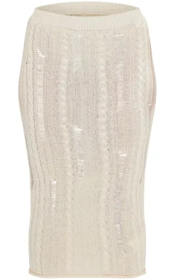 Sale PrettyLittleThing Petite Distressed Cable Knit Midaxi Skirt Cream
