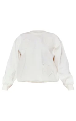 Petite Cream Embossed Heart Detail Sweatshirt