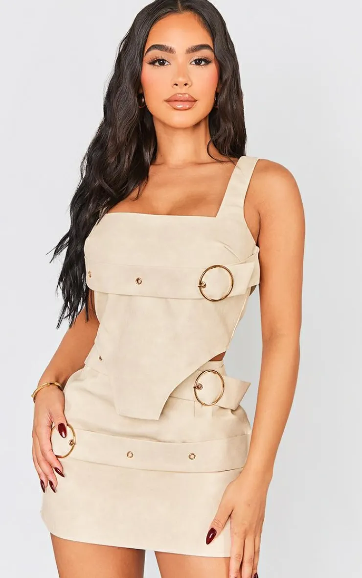 Best PrettyLittleThing Petite Faux Leather Buckle Detail Corset Top Cream