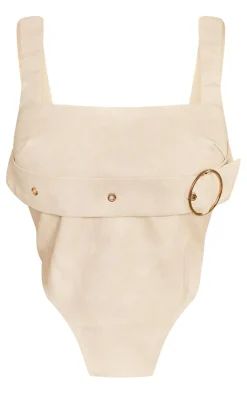Best PrettyLittleThing Petite Faux Leather Buckle Detail Corset Top Cream