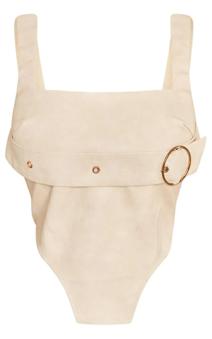 Best PrettyLittleThing Petite Faux Leather Buckle Detail Corset Top Cream
