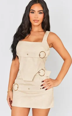 Clearance PrettyLittleThing Petite Faux Leather Buckle Detail Mini Skirt Cream