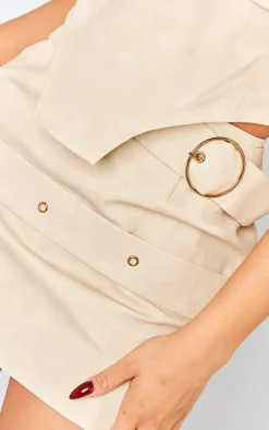 Clearance PrettyLittleThing Petite Faux Leather Buckle Detail Mini Skirt Cream