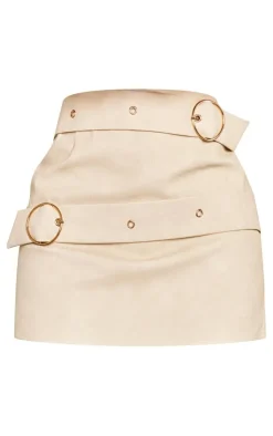 Clearance PrettyLittleThing Petite Faux Leather Buckle Detail Mini Skirt Cream