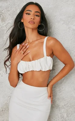Hot PrettyLittleThing Petite Faux Leather Ruched Bralet Cream