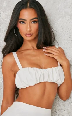 Hot PrettyLittleThing Petite Faux Leather Ruched Bralet Cream