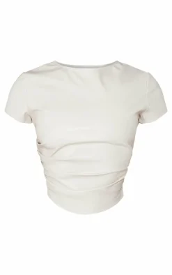 PrettyLittleThing Petite Faux Leather Ruched Asymmetric Top Cream