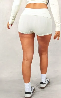 Outlet PrettyLittleThing Petite Foldover Pointelle Contour Hotpants Cream