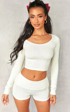 Outlet PrettyLittleThing Petite Foldover Pointelle Contour Hotpants Cream