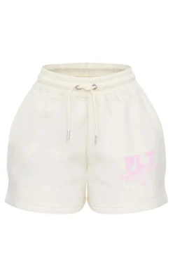 Discount PrettyLittleThing Petite Graphic Runner Shorts Cream