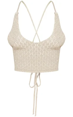 Discount PrettyLittleThing Petite Halterneck Crochet Crop Top Cream