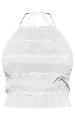 Hot PrettyLittleThing Petite Halterneck Open Back Chiffon Top Cream