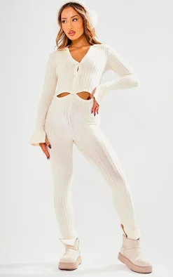 Petite Cream Knitted Button Detail Flared Jumpsuit