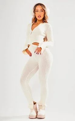 Petite Cream Knitted Button Detail Flared Jumpsuit