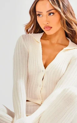 Petite Cream Knitted Button Detail Flared Jumpsuit