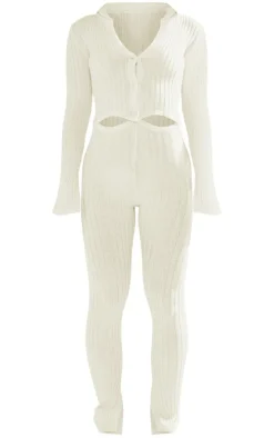 Petite Cream Knitted Button Detail Flared Jumpsuit