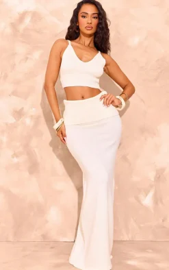 PrettyLittleThing Petite Knitted Fold Over Waistband Maxi Skirt Cream