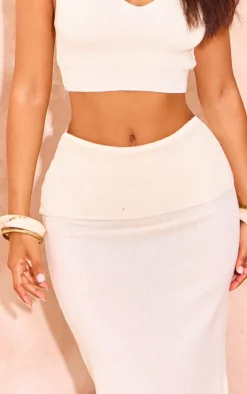 PrettyLittleThing Petite Knitted Fold Over Waistband Maxi Skirt Cream
