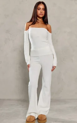 Hot PrettyLittleThing Petite Knitted High Waisted Flares Cream