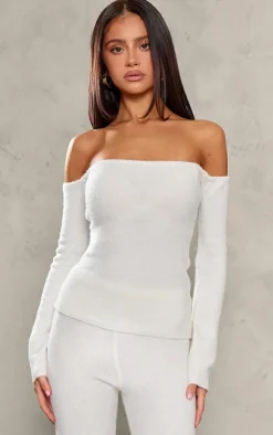 Sale PrettyLittleThing Petite Knitted Long Sleeve Off The Shoulder Long Top Cream