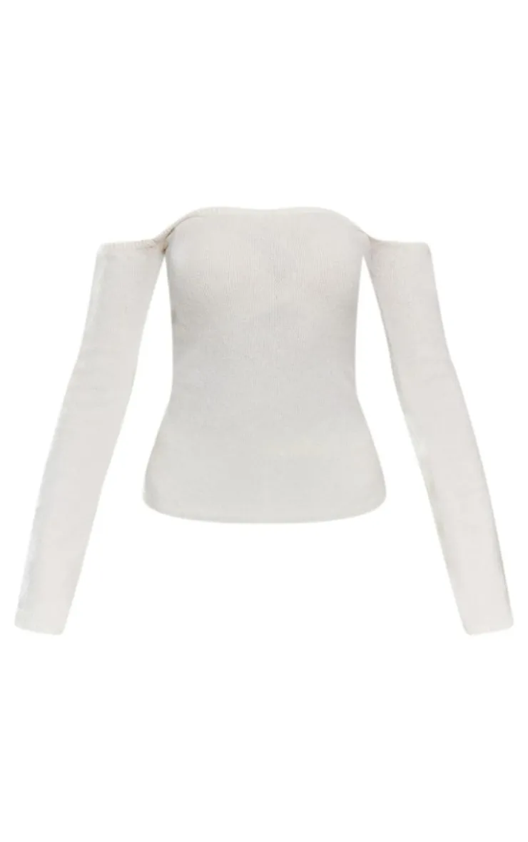 Sale PrettyLittleThing Petite Knitted Long Sleeve Off The Shoulder Long Top Cream