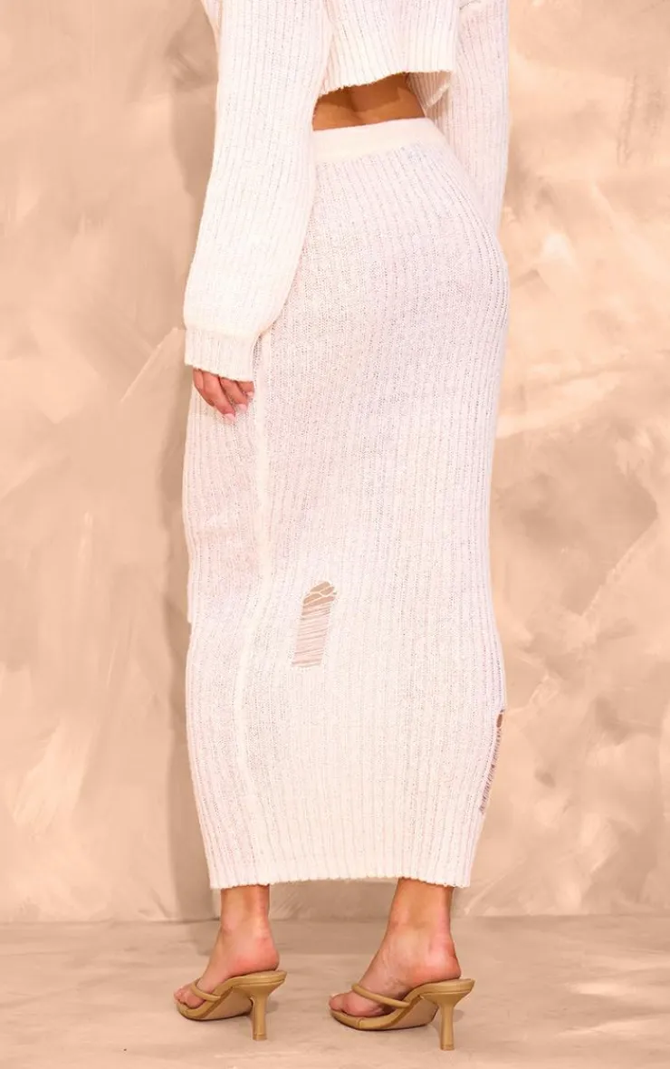 Sale PrettyLittleThing Petite Knitted Low Waist Distressed Maxi Skirt Cream