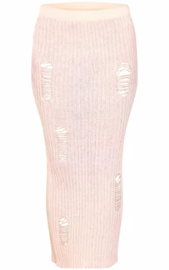 Sale PrettyLittleThing Petite Knitted Low Waist Distressed Maxi Skirt Cream