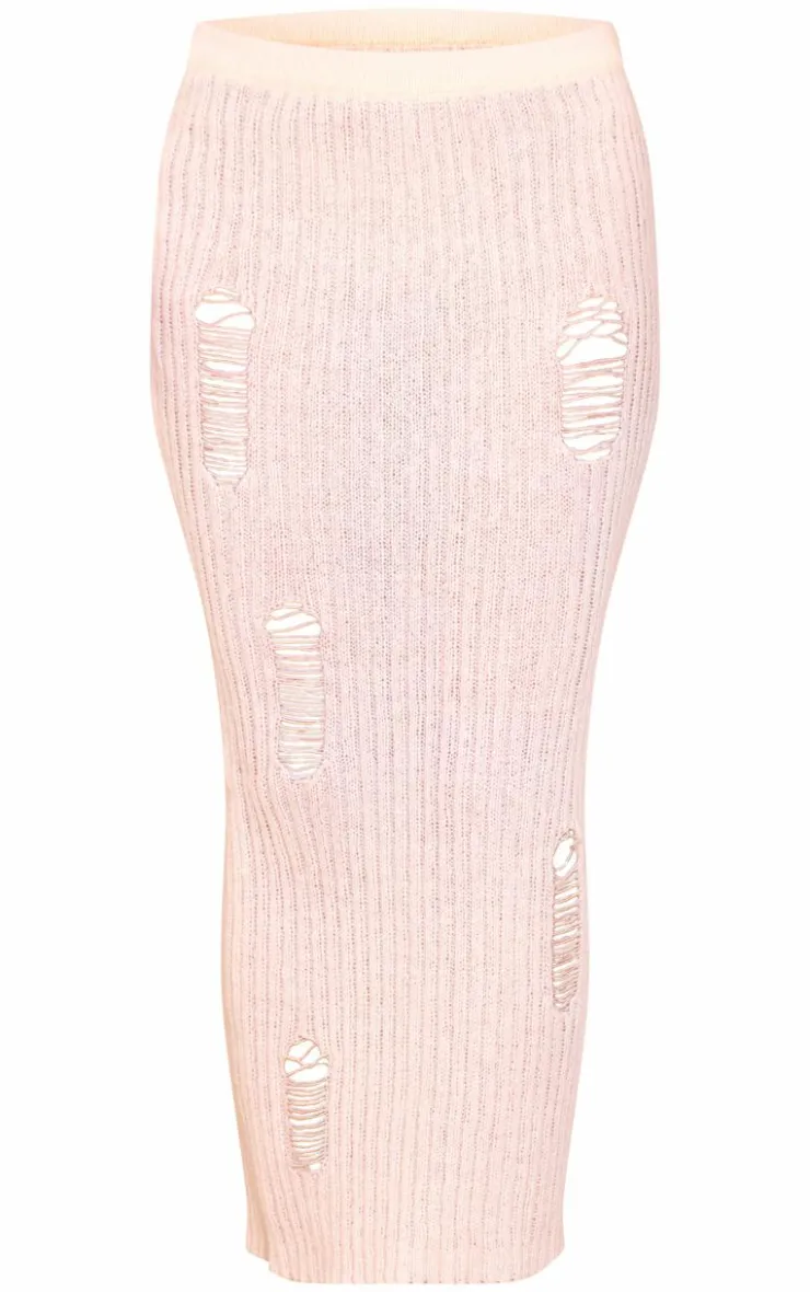 Sale PrettyLittleThing Petite Knitted Low Waist Distressed Maxi Skirt Cream