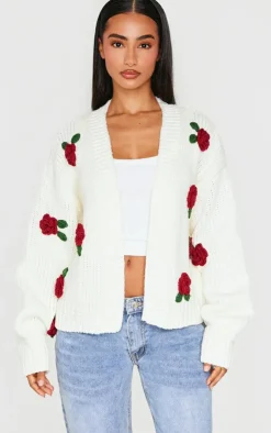 PrettyLittleThing Cardigans*Petite Knitted Slouchy Cardigan With Flower Trims