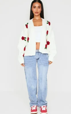 PrettyLittleThing Cardigans*Petite Knitted Slouchy Cardigan With Flower Trims