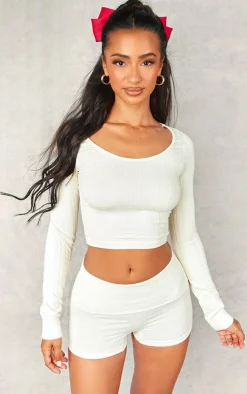 Clearance PrettyLittleThing Petite Pointelle Contour Long Sleeve Top Cream