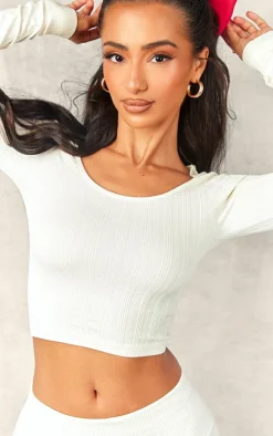 Clearance PrettyLittleThing Petite Pointelle Contour Long Sleeve Top Cream