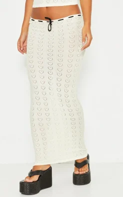 Sale PrettyLittleThing Petite Pointelle Knit Maxi Skirt With Contrast Trim Cream