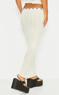 Sale PrettyLittleThing Petite Pointelle Knit Maxi Skirt With Contrast Trim Cream